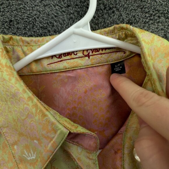 Robert Graham Women Shiny Floral Print Button Up Small Shirt Green Pink L/S - Picture 7 of 16